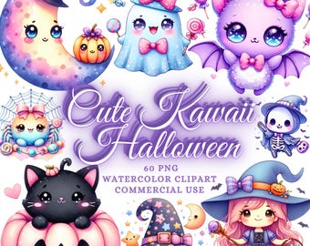60 Watercolor Cute Kawaii Halloween Clipart Png Bundle, Pastel Kawaii Ghost Witch Bats Pumpkin Black Cat, Cute Spooky Clipart Sublimation