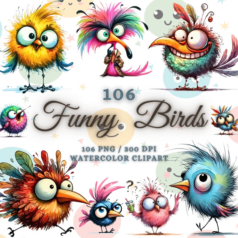 Puede incluir: Una colecci&oacute;n de ilustraciones de aves en acuarela caprichosas en varios colores, incluyendo amarillo, rosa, azul y verde. El texto "106 Funny Birds" se muestra de forma destacada, junto con "106 PNG / 300 DPI WATERCOLOR CLIPART". Las aves tienen rasgos exagerados.