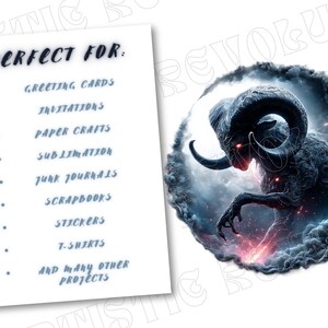 May include: Digital artwork featuring a dark ram with glowing red eyes, set against a swirling, smoky background. A list on the left side suggests uses for greeting cards, invitations, paper crafts, and more.
