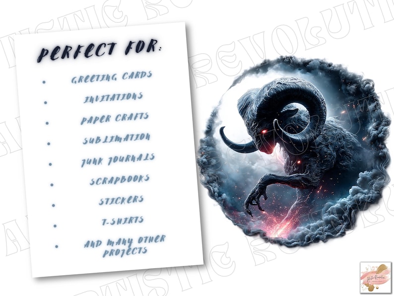 May include: Digital artwork featuring a dark ram with glowing red eyes, set against a swirling, smoky background. A list on the left side suggests uses for greeting cards, invitations, paper crafts, and more.