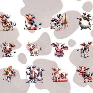 May include: A collection of cartoon cow illustrations in various poses and expressions. The cows are depicted with black and white spots, horns, and smiling faces. Some cows are holding tools, while others are painting or wearing hats. The background has a light gray pattern.