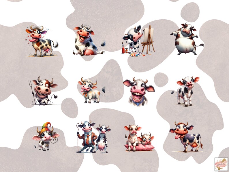 May include: A collection of cartoon cow illustrations in various poses and expressions. The cows are depicted with black and white spots, horns, and smiling faces. Some cows are holding tools, while others are painting or wearing hats. The background has a light gray pattern.