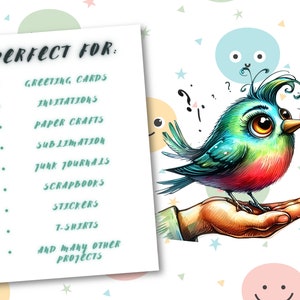 Puede incluir: Ilustraci&oacute;n colorida de un p&aacute;jaro posado en una mano, con un coraz&oacute;n rojo en un palo. La imagen incluye una lista de ideas de proyectos: tarjetas de felicitaci&oacute;n, invitaciones, manualidades en papel, sublimaci&oacute;n, junk journals, &aacute;lbumes de recortes, pegatinas y camisetas.