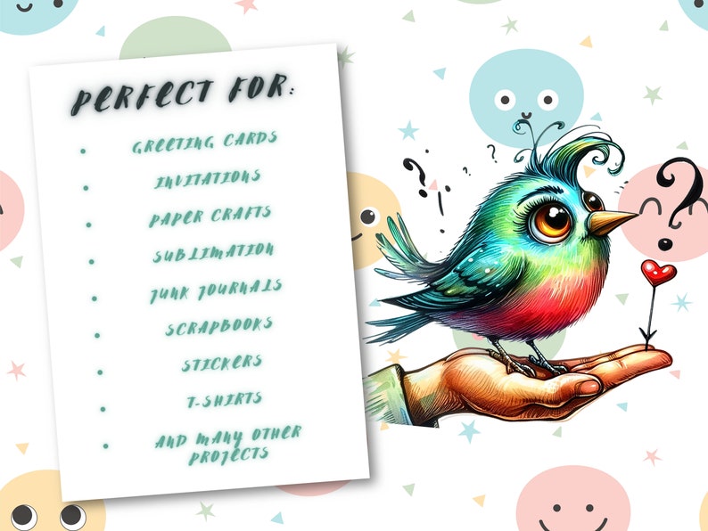 Puede incluir: Ilustraci&oacute;n colorida de un p&aacute;jaro posado en una mano, con un coraz&oacute;n rojo en un palo. La imagen incluye una lista de ideas de proyectos: tarjetas de felicitaci&oacute;n, invitaciones, manualidades en papel, sublimaci&oacute;n, junk journals, &aacute;lbumes de recortes, pegatinas y camisetas.