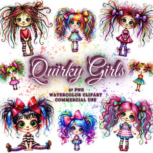 27 lustige schrullige Mädchen Clipart, niedliche wunderliche Mädchen Aquarell Clipart, lustiges Mädchen Png Bündel, süße Charaktere, süße Puppe wunderliche Elemente