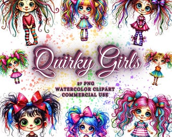 27 cliparts fille originale drôle, clipart aquarelle jolie fille lunatique, ensemble PNG drôle de fille, personnages mignons, poupée mignonne éléments fantaisistes