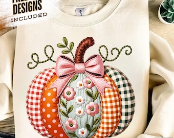 フェイク刺繍パッチワークパンプキンPng、ボヘミアンフローラル秋Png、レトロ秋Png、秋の雰囲気Png、パンプキンシーズンPng秋昇華シャツPng