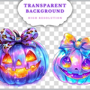 May include: Two colorful, cartoon-style pumpkins with smiling jack-o'-lantern faces and large bows. The pumpkins are blue, purple, and orange with a galaxy-like effect. The text "TRANSPARENT BACKGROUND HIGH RESOLUTION" is above the pumpkins.