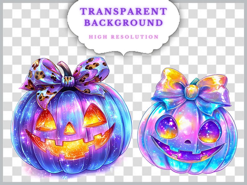 May include: Two colorful, cartoon-style pumpkins with smiling jack-o'-lantern faces and large bows. The pumpkins are blue, purple, and orange with a galaxy-like effect. The text "TRANSPARENT BACKGROUND HIGH RESOLUTION" is above the pumpkins.