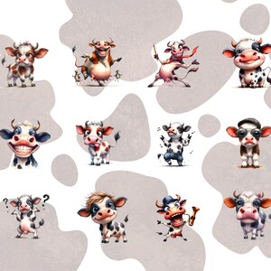 May include: A collection of watercolor illustrations of cartoon cows in various poses. The cows have black and white spots, with some wearing hats and playing musical instruments. The background features a pattern of light brown cow spots on a white background.