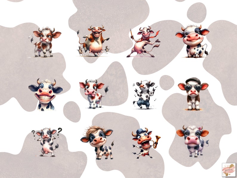 May include: A collection of watercolor illustrations of cartoon cows in various poses. The cows have black and white spots, with some wearing hats and playing musical instruments. The background features a pattern of light brown cow spots on a white background.