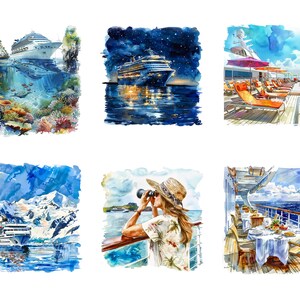 May include: Watercolor paintings depicting cruise ship scenes. One shows a ship near tropical islands, another at night, and a third with lounge chairs. Other paintings show a ship near mountains, a person with binoculars, and a dining table.