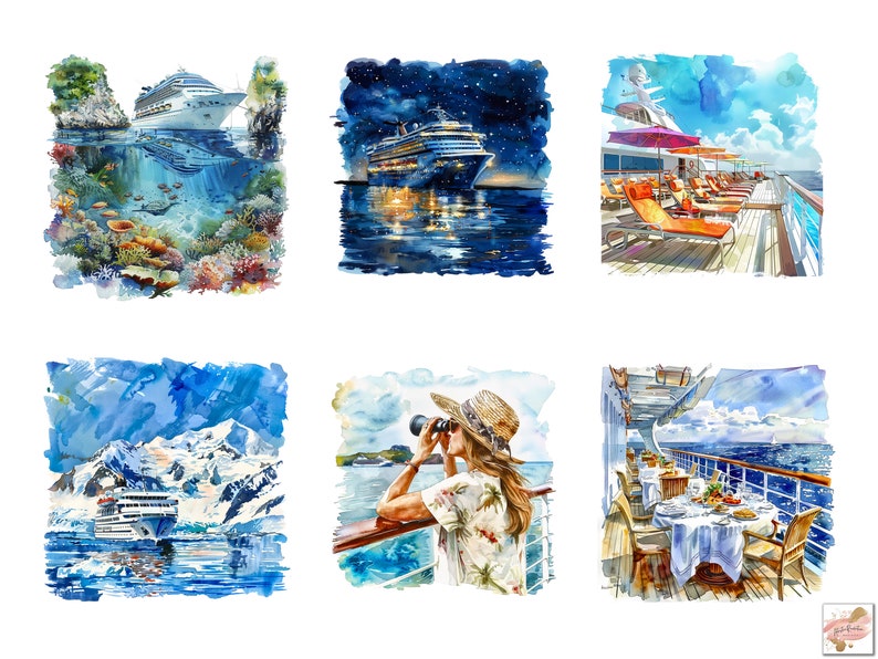 May include: Watercolor paintings depicting cruise ship scenes. One shows a ship near tropical islands, another at night, and a third with lounge chairs. Other paintings show a ship near mountains, a person with binoculars, and a dining table.