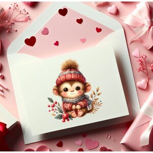 May include: A pink and white card with a cute cartoon illustration of a monkey wearing a red and white hat and a scarf. The monkey is sitting on a branch with red berries and green leaves.