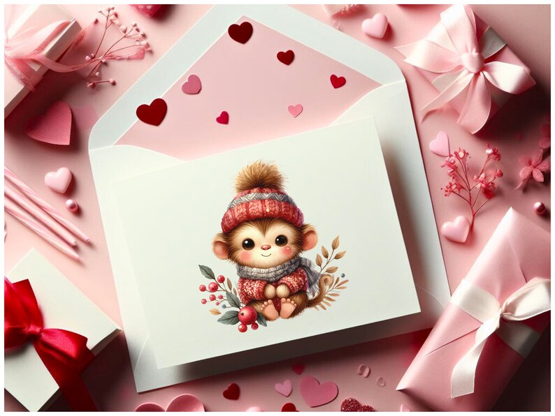 May include: A pink and white card with a cute cartoon illustration of a monkey wearing a red and white hat and a scarf. The monkey is sitting on a branch with red berries and green leaves.