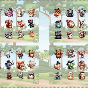 May include: A colourful illustration featuring various animals dressed in clothing. The animals include a fox, bear, owl, deer, raccoon, squirrel, frog, elephant, moose, rabbit, hedgehog, and monkey. The animals are all wearing different outfits, such as hats, ties, and glasses. The illustration is set against a background of green trees and a blue sky.
