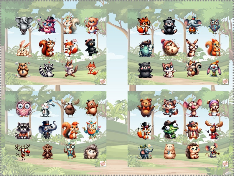 May include: A colourful illustration featuring various animals dressed in clothing. The animals include a fox, bear, owl, deer, raccoon, squirrel, frog, elephant, moose, rabbit, hedgehog, and monkey. The animals are all wearing different outfits, such as hats, ties, and glasses. The illustration is set against a background of green trees and a blue sky.