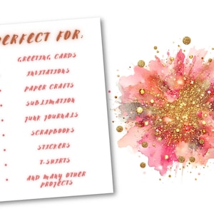 May include: A watercolor design featuring a pink and gold explosion with glitter and gold accents. A white paper with the text "PERFECT FOR:" and a list of craft projects, including greeting cards, invitations, and stickers, is on the left.