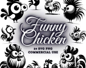 Funny Crazy Chicken Svg & Png, Rooster Clipart, Chicken Vector Image, Funny Chicken Silhouette, Chick Svg, Sublimation Design, Bird Cut File