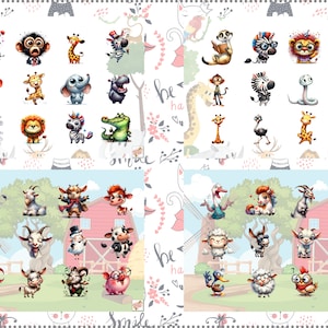 May include: A set of 36 colourful cartoon animal stickers featuring a variety of animals, including giraffes, zebras, lions, monkeys, hippos, crocodiles, cows, goats, sheep, pigs, and ducks. The stickers are arranged in a grid pattern on a white background.