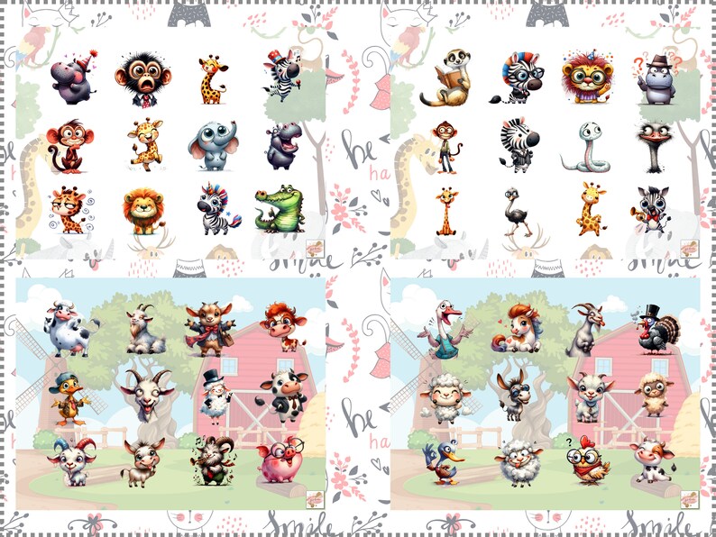 May include: A set of 36 colourful cartoon animal stickers featuring a variety of animals, including giraffes, zebras, lions, monkeys, hippos, crocodiles, cows, goats, sheep, pigs, and ducks. The stickers are arranged in a grid pattern on a white background.