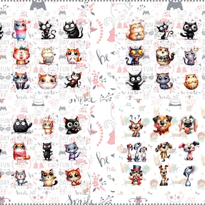 May include: A digital sheet of 48 colourful cartoon images of cats and dogs with various expressions. The images are set against a white background with pink floral patterns and text that says "so cute", "smile", "fun day", and "be happy".