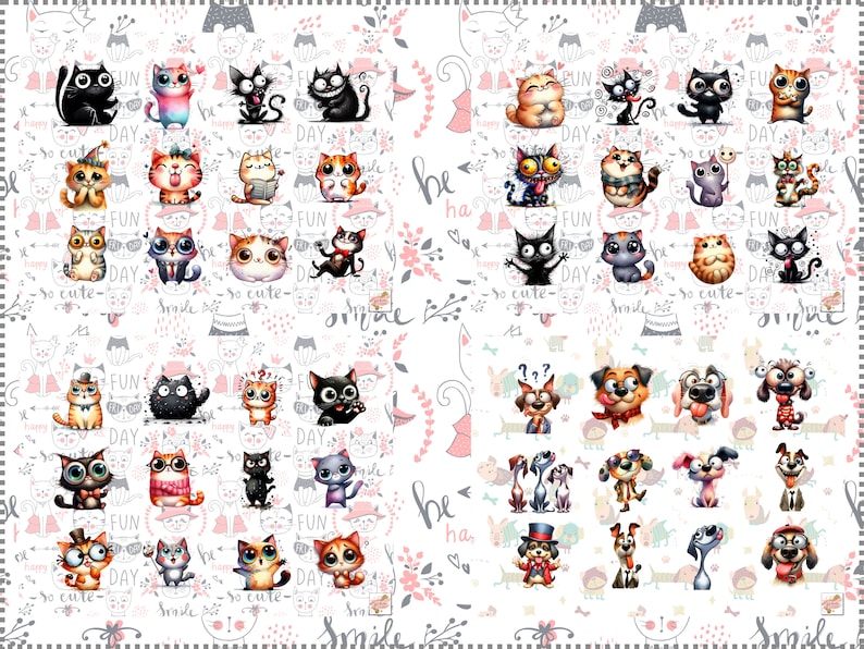 May include: A digital sheet of 48 colourful cartoon images of cats and dogs with various expressions. The images are set against a white background with pink floral patterns and text that says "so cute", "smile", "fun day", and "be happy".