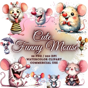 58 Funny Mouse Clipart Png Bundle, Cute Mouses, Watercolor Mouse Clipart, Cartoon Mouse Clipart, Cute Mouse Png Mouse Sublimation Png Bundle