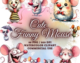 58 Funny Mouse Clipart Png Bundle, Cute Mouses, Watercolor Mouse Clipart, Cartoon Mouse Clipart, Cute Mouse Png Mouse Sublimation Png Bundle