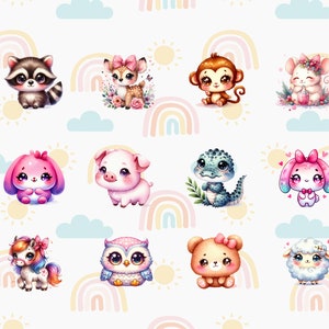 Op de afbeelding: Een set van 12 schattige cartoon-dierillustraties met pastelkleuren en regenboogaccenten. De dieren omvatten een wasbeer, een hert, een aap, een muis, een konijn, een varken, een alligator, een eenhoorn, een uil, een beer en een schaap.