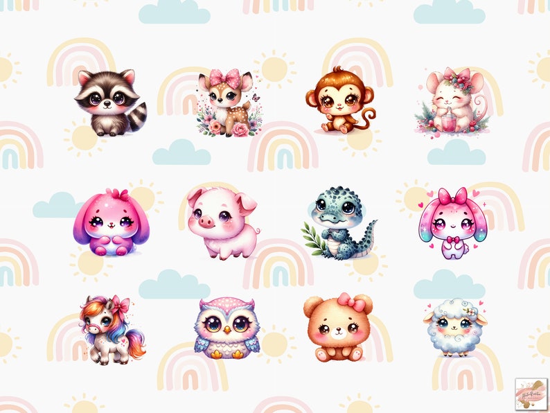 Op de afbeelding: Een set van 12 schattige cartoon-dierillustraties met pastelkleuren en regenboogaccenten. De dieren omvatten een wasbeer, een hert, een aap, een muis, een konijn, een varken, een alligator, een eenhoorn, een uil, een beer en een schaap.