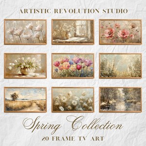 May include: A collection of nine framed paintings depicting various spring scenes, including flowers, landscapes, and a forest. The paintings are arranged in a grid pattern and have a rustic, vintage aesthetic. The text "Spring Collection 20 FRAME TV ART" is displayed below the paintings.