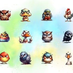 May include: A digital illustration of 12 angry birds. The birds are all different species, including owls, ducks, parrots, chickens, and robins. They are all drawn in a cartoon style with exaggerated features and expressions.