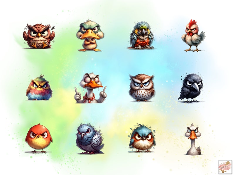 May include: A digital illustration of 12 angry birds. The birds are all different species, including owls, ducks, parrots, chickens, and robins. They are all drawn in a cartoon style with exaggerated features and expressions.