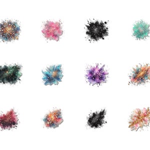 May include: A collection of twelve watercolor galaxy-themed designs. Each design features a splash of color with glitter and star-like accents. Colors include blue, pink, green, black, purple, and gold. The designs are on a white background.