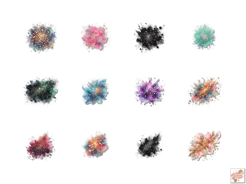 May include: A collection of twelve watercolor galaxy-themed designs. Each design features a splash of color with glitter and star-like accents. Colors include blue, pink, green, black, purple, and gold. The designs are on a white background.