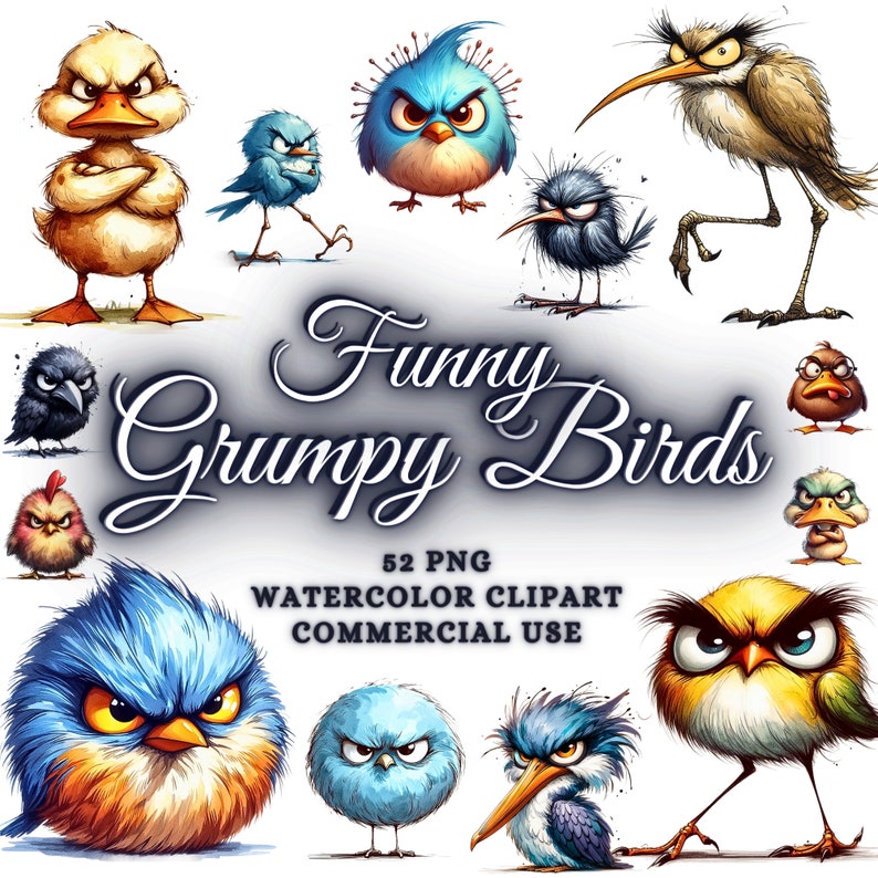 May include: A digital illustration of 12 funny and grumpy birds in various poses and expressions. The birds are drawn in a watercolor style with bright colors and detailed features. The text "Funny Grumpy Birds" is written in a whimsical font above the birds. The text "52 PNG Watercolor Clipart Commercial Use" is written below the birds.