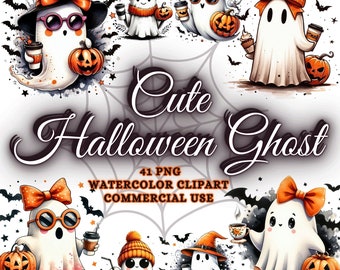 Paquete de imágenes prediseñadas de fantasmas de Halloween en acuarela, fantasma lindo PNG, imágenes prediseñadas de fantasmas lindos de Halloween PNG, imágenes prediseñadas de calabazas de Halloween lindas PNG, imágenes prediseñadas de café PNG