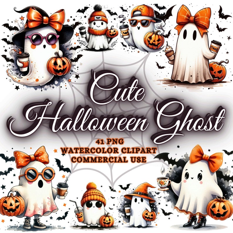 May include: Watercolor clipart featuring cute Halloween ghosts with orange bows, hats, and sunglasses, holding coffee cups and pumpkins. The image includes the text "Cute Halloween Ghost" and "41 PNG WATERCOLOR CLIPART COMMERCIAL USE". Bats and spiderwebs are also present.