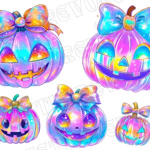 May include: A collection of five colorful, cartoon-style pumpkins with smiling jack-o'-lantern faces. Each pumpkin is a vibrant mix of blues, purples, and yellows, with a large bow on top. The pumpkins are perfect for Halloween.