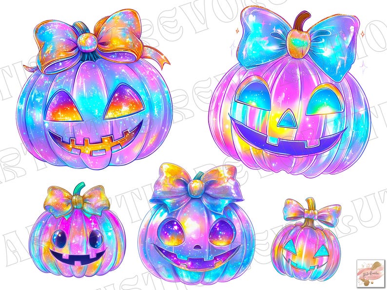 May include: A collection of five colorful, cartoon-style pumpkins with smiling jack-o'-lantern faces. Each pumpkin is a vibrant mix of blues, purples, and yellows, with a large bow on top. The pumpkins are perfect for Halloween.