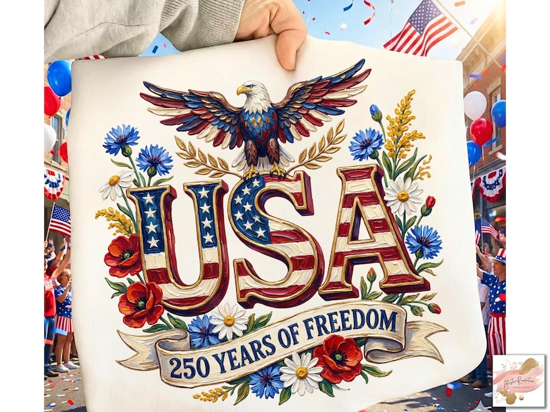 以下が含まれることがあります： 赤、白、青で「USA」の文字、ワシ、花の装飾が施された愛国的なデザイン。バナーには「250 Years of Freedom」と書かれています。お祝いの背景には旗や風船があり、人が画像を持っています。