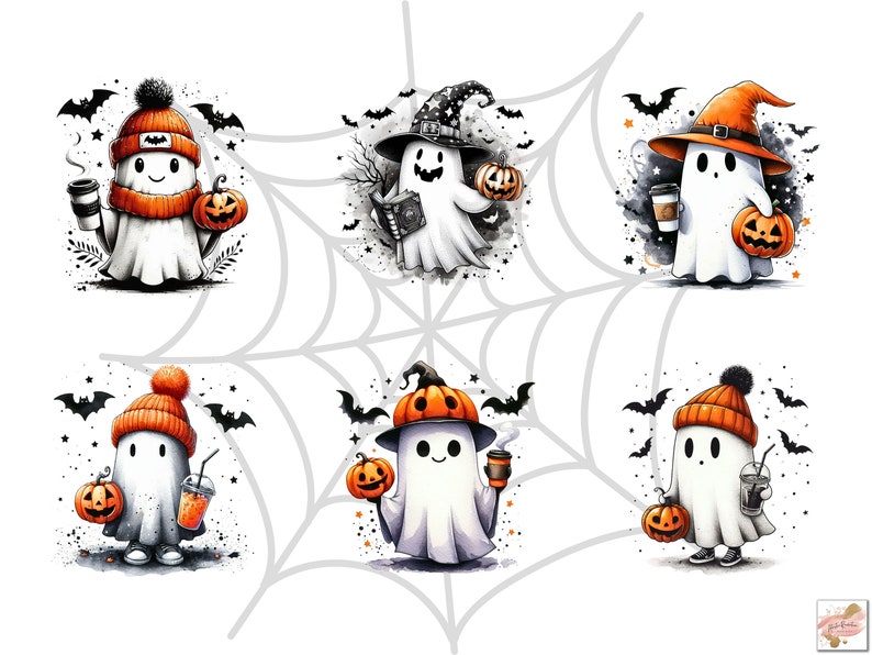 May include: Watercolor illustrations of friendly ghosts in various Halloween costumes. Each ghost is holding a pumpkin and a beverage, wearing hats, and surrounded by bats. The ghosts are depicted in a cute, cartoon style.