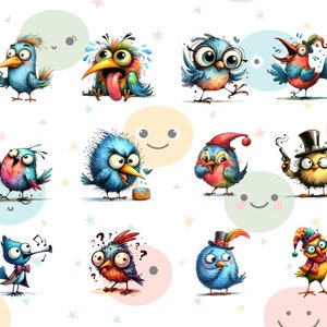 Puede incluir: Una colecci&oacute;n de p&aacute;jaros de dibujos animados caprichosos en varias poses y expresiones. Los p&aacute;jaros son de colores brillantes con rasgos exagerados, incluyendo ojos y picos grandes. Algunos p&aacute;jaros llevan sombreros o sostienen instrumentos musicales. El fondo presenta c&iacute;rculos y estrellas pastel.