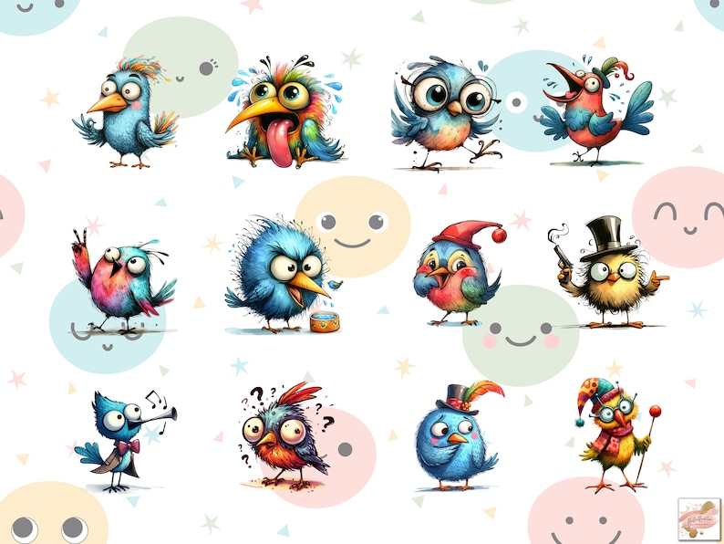 Puede incluir: Una colecci&oacute;n de p&aacute;jaros de dibujos animados caprichosos en varias poses y expresiones. Los p&aacute;jaros son de colores brillantes con rasgos exagerados, incluyendo ojos y picos grandes. Algunos p&aacute;jaros llevan sombreros o sostienen instrumentos musicales. El fondo presenta c&iacute;rculos y estrellas pastel.