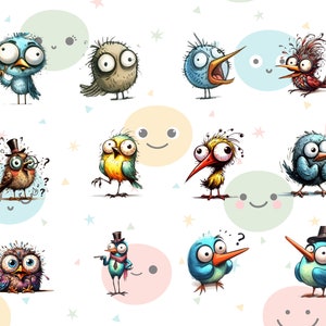 Puede incluir: Una colecci&oacute;n de p&aacute;jaros de dibujos animados caprichosos con rasgos y expresiones exageradas. Los p&aacute;jaros son de varios colores, incluyendo azul, amarillo y rojo, y est&aacute;n sobre un fondo de c&iacute;rculos y estrellas pastel. Algunos p&aacute;jaros llevan sombreros.