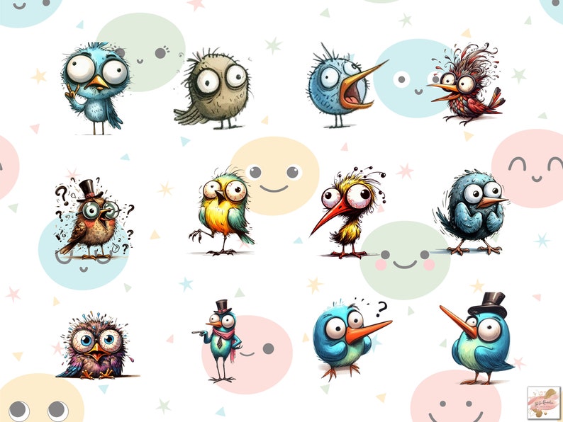 Puede incluir: Una colecci&oacute;n de p&aacute;jaros de dibujos animados caprichosos con rasgos y expresiones exageradas. Los p&aacute;jaros son de varios colores, incluyendo azul, amarillo y rojo, y est&aacute;n sobre un fondo de c&iacute;rculos y estrellas pastel. Algunos p&aacute;jaros llevan sombreros.