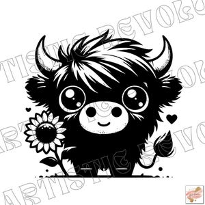 Vaca de las Highlands con girasoles Svg y Png, Clipart de vaca, Imagen vectorial de vaca de las Highlands, Silueta de vaca, Diseño de sublimación, Archivo de corte de animal de granja
