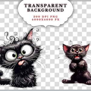 K&ouml;nnte beinhalten: Zwei schwarze Comic-Katzen mit gro&szlig;en Augen. Eine Katze hat die Zunge herausgestreckt und die andere Katze sieht &auml;ngstlich aus.