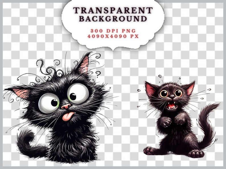 K&ouml;nnte beinhalten: Zwei schwarze Comic-Katzen mit gro&szlig;en Augen. Eine Katze hat die Zunge herausgestreckt und die andere Katze sieht &auml;ngstlich aus.